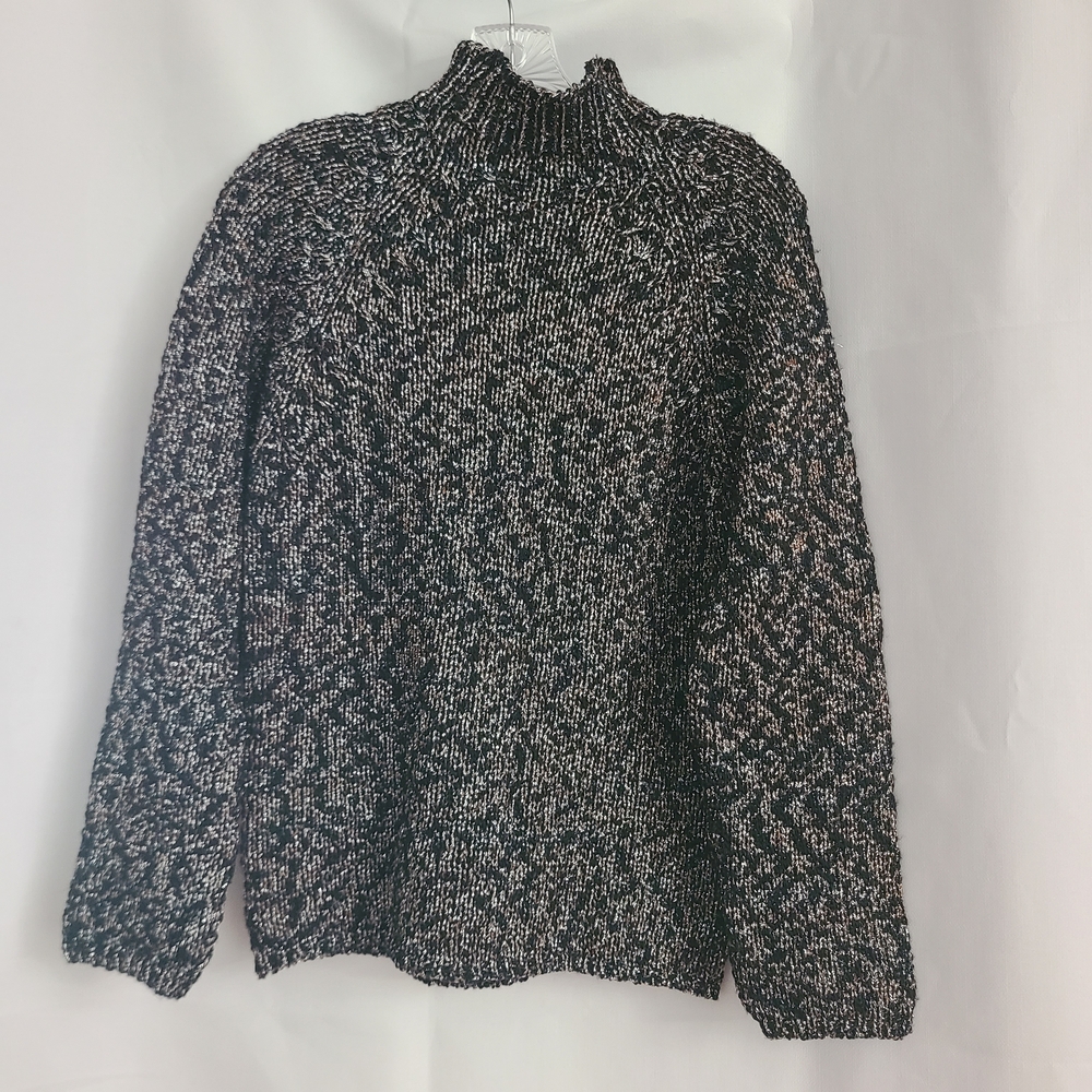 Morgano Sz 46 US 10 Black Silver Metallic Chunky Knit Merino Wool Blend Sweater